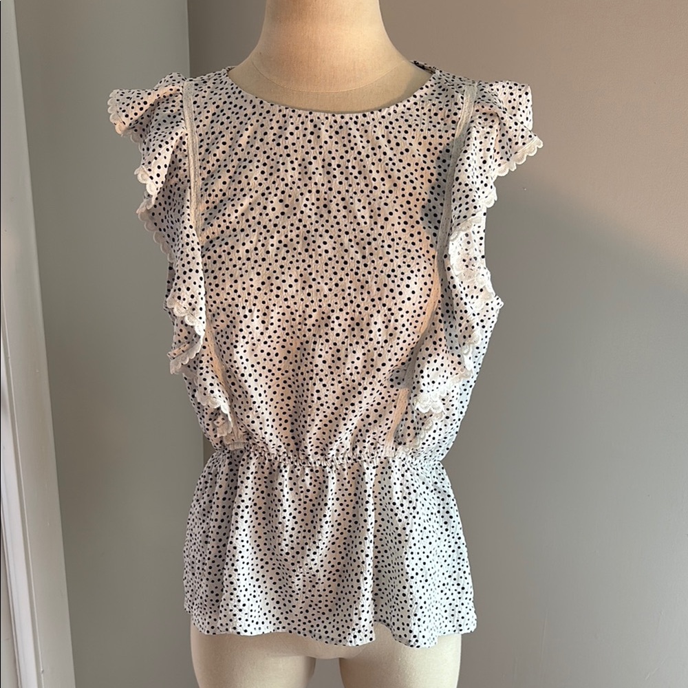 Alice Blue White Ruffled Polka Dot Sleeveless Top